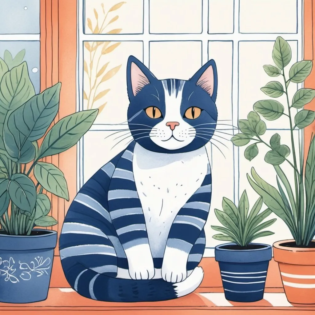 Prompt: whimsical illustration of a cat with indigo stripes, lounging in a sunlit window, surrounded by potted plants, cozy hand-drawn style