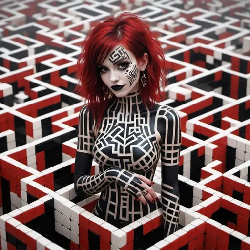 Prompt: goth labyrinth, digital painting, beautiful intricate body paint, maze patterns, Rubik's cubes, optical illusion, half grin, glass, cute, delicate, translucent, punk rock, 8k, trending, red black white gold