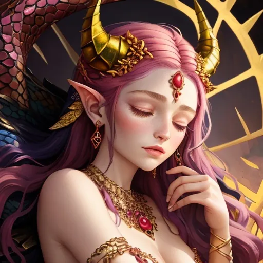 Prompt: A colourful and beautiful Persephone with dragon horns and scales, sleeping on a pile of gold and jewels in a painted style