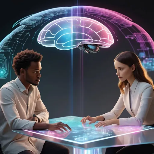Prompt: A human and AI brainstorming solutions over a holographic table.