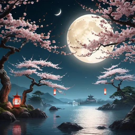 Prompt: This is a beautiful picture, cherry blossom forest, Mid-Autumn Festival, the white moon, slowly rising from the sea, the moon has Chang 'e flying inside the moon, dream，8K ,HD