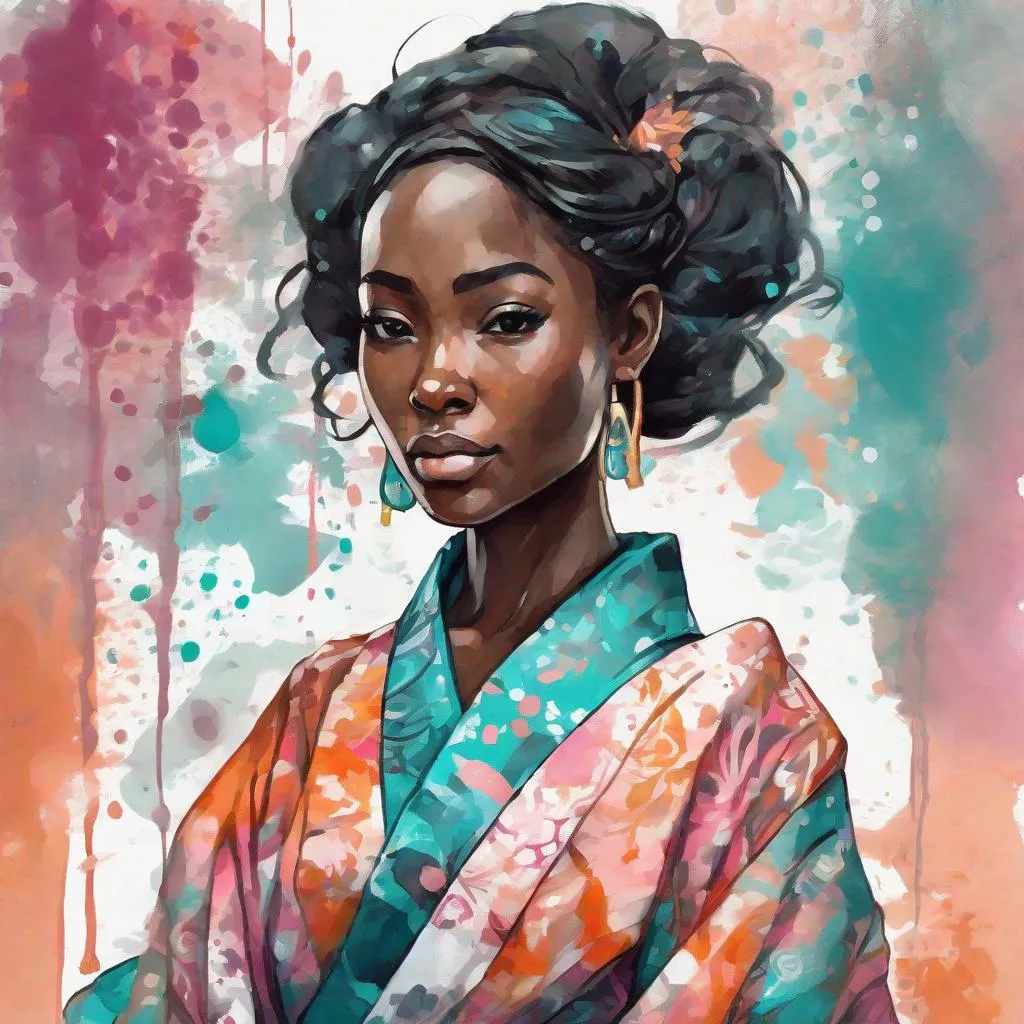 Prompt: A gorgeous, stunning body, woman wearing an intricate kimono, digital watercolor painting,  paint splatter, bold brush strokes, dark skin, bright colors on white background, teal orange pink black white color pallette, symmetrical, adorable, cute, Pixar style painting, art nouveau