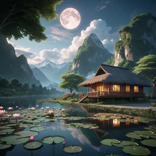 Prompt: (extremely detailed CG unity 8k wallpaper), (((masterpiece))), (((best quality))), ((ultra-detailed)), (best illustration), (best shadow), ((an extremely delicate and beautiful)), dynamic angle, long shot of a hut by the river, large mountains, clouds under passing beautiful trees tops, dusk time, water lilies in the lake blooming, lush plants, moonlight shining through the white clouds, bold colors, hyper