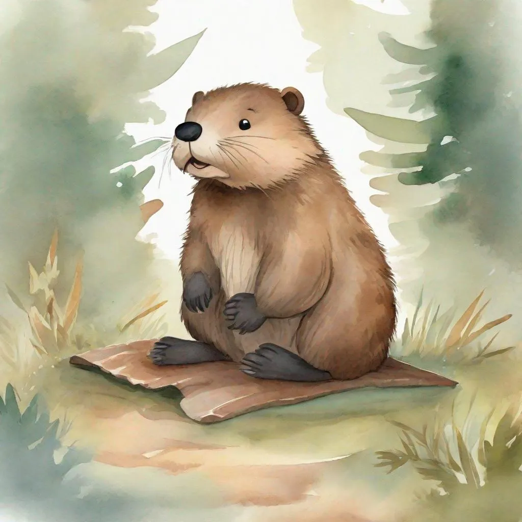 Prompt: strybk, strybk, cute beaver tail showing, kids story book style, muted colors, watercolor style, kids story book style, muted colors, watercolor style