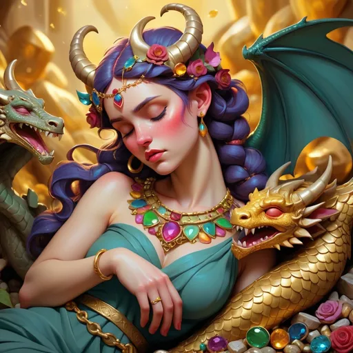 Prompt: A colourful and beautiful Persephone with dragon horns and scales, sleeping on a pile of gold and jewels in a painted style