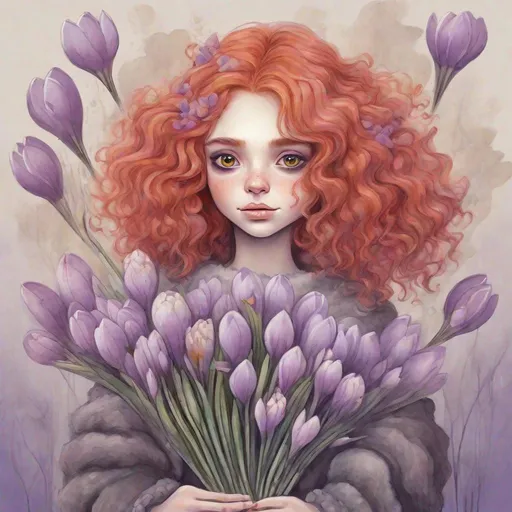 Prompt: a cute girl with red hair with curls and now a fur coat is holding a bouquet of crocuses in the style of Tim Burton
Painting with pastels, felt-tip pens and wet paints
detailed
colorful
pastel colors paintings
white, soft beige, smoky lilac
don't take your eyes off