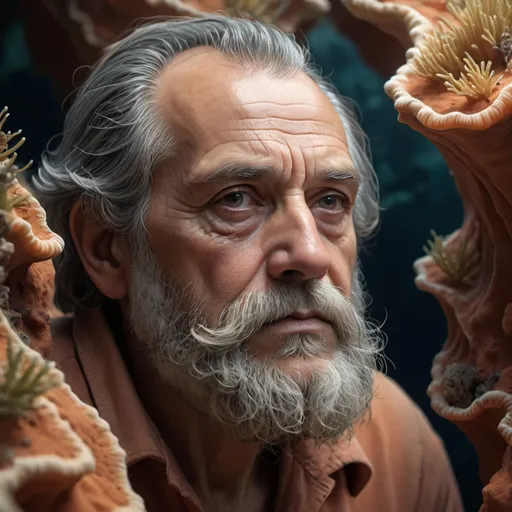 Prompt: an old man, with black hair, with his chin and beard, in the style of hyperrealistic marine life, organic biomorphic forms, uhd image, terracotta, dan mumford, low depth of field, janek sedlar