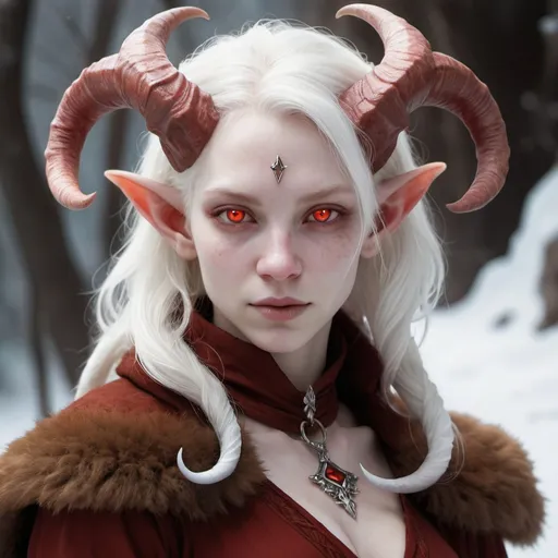 Prompt: albino
red eye color
horns
female
tiefling 
winter clothes
fur trim 
red eyes
devil horns
wearing hides
beautiful
brown clothes
realistic
winter background
normal ears
extremely pale
albino skin
glowing staff
frost staff
white hair
red iris , Broken Glass effect, stunning, something that even doesn't exist, mythical being, energy, molecular, textures, iridescent and luminescent scales, breathtaking beauty, pure perfection, divine presence, unforgettable, impressive, breathtaking beauty, Volumetric light, auras, rays, vivid colors reflects