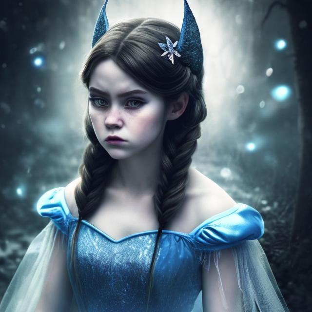 Prompt: color photo of "a modern-day Cinderella with a touch of darkness, featuring deep, haunting eyes and a face filled with sadness. She stands in a contemporary setting, wearing a unique and edgy interpretation of Cinderella's iconic attire. The photo captures her internal struggle, as she embodies both the innocent fairy tale character and a hint of a devilish nature. Her expression tells a story of inner turmoil, reflecting the complexities of her modern journey" —c 10 —ar 2:3