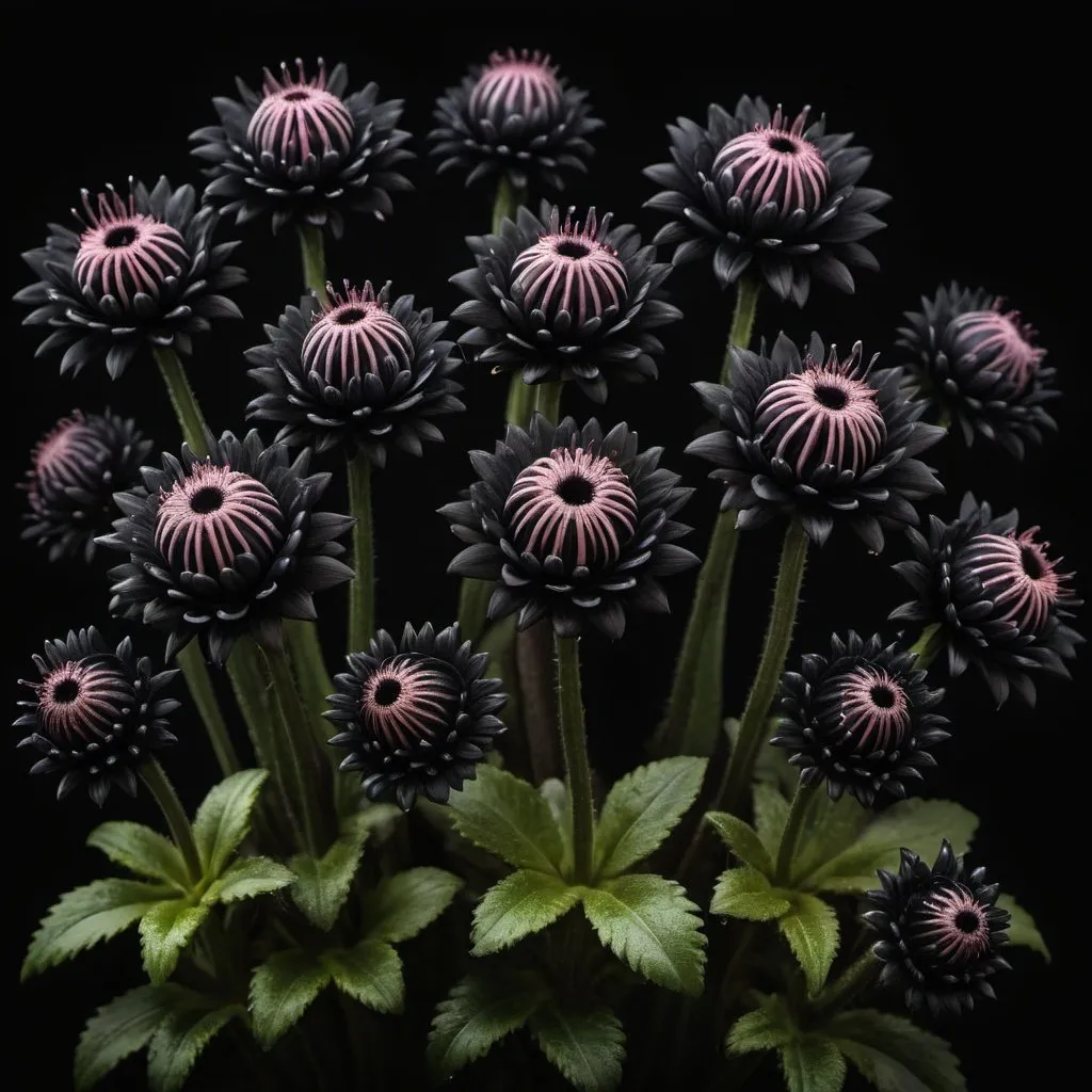 Prompt: Realistic photography. Close up shot of 13 black carnivorous flowers on a black background. Depth of field. Complex composition. 