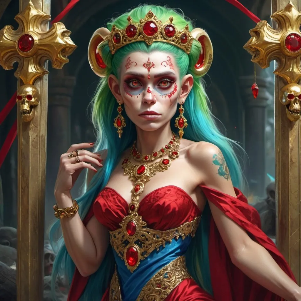 Prompt: a gorgeous and breathtaking 4k hdr, fantasy art, digital painting,  Monkey empress, with green eyes and colorful hair, wearing a long red and blue dress, holding a giant golden cross with beautiful red ruby jewels and skulls embedded into it