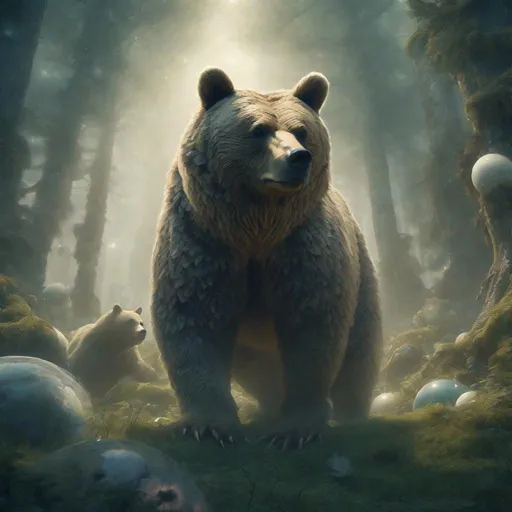 Prompt: This ultra-realistic, high-definition, expertly-cinematographed, computer-generated image features a detailed bear standing in an enchanted forest filled with mystical creatures. The telepathic riders, dressed in ethereal garments, silently communicate as pulsing orbs fill the sky and swirling, translucent textures create a surreal and fantastical atmosphere. The atmospheric haze and soft ethereal lighting add to the enchanting mood, while the intricate creature designs, swirling translucent material, and thick liquid create a mesmerizing texture. The image quality is crisp, sharp, and highly-detailed, with vibrant colors and soft, luminescent lighting. This fantastical and otherworldly scene was created using a digital pen to produce a stunning work of computer-generated imagery.  ,UHD,HDR10,16