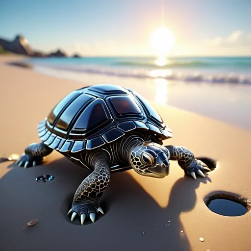 Prompt: A new born baby turtle with futuristic a mechanical body suit crawling its way up a hole, crystal sandy beach, cludy day, evening sun., neon ambiance, abstract black oil, gear mecha, detailed acrylic, grunge, intricate complexity, rendered in unreal engine, photorealistic