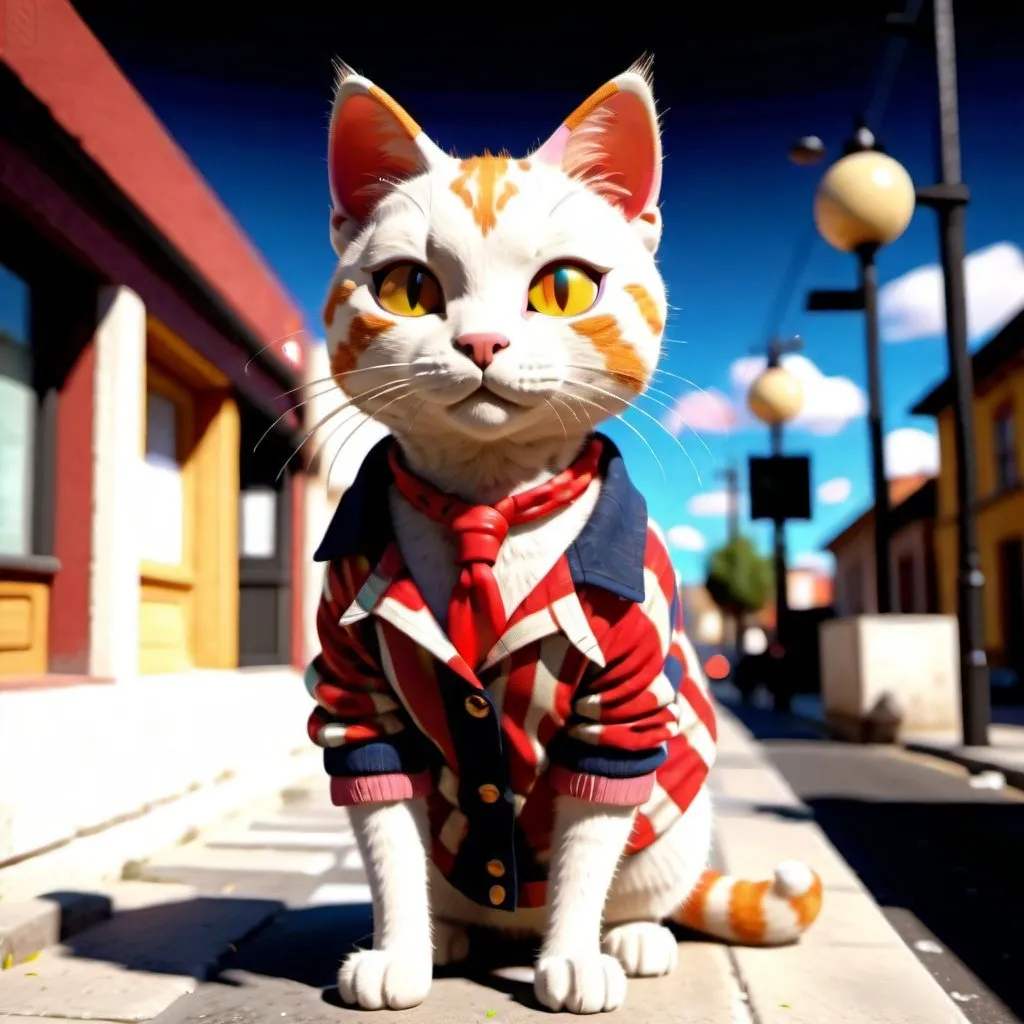 Prompt: A cat in fashionable clothes stands on the street, warm sunshine, warm colors, facing the camera, healing system, 3d, blender, redshift, realistic rendering details, high definition, 8k, --ar 3:4