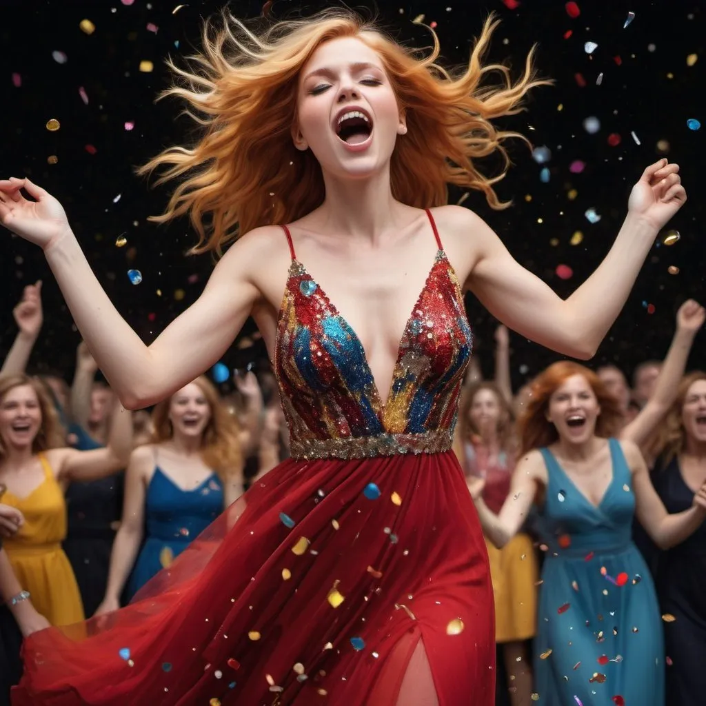 Prompt:  An award-winning image of a beautiful blonde Waterhouse model in a flowing red dress and wild red tresses in front of a cheering crowd; clear detailed dress made of tiny crystal confetti; black background; deep and bold gem colours of red and blue and yellow and complementary colours, multi-layered style; whimsical nature; surreal style, tiny crystal confetti