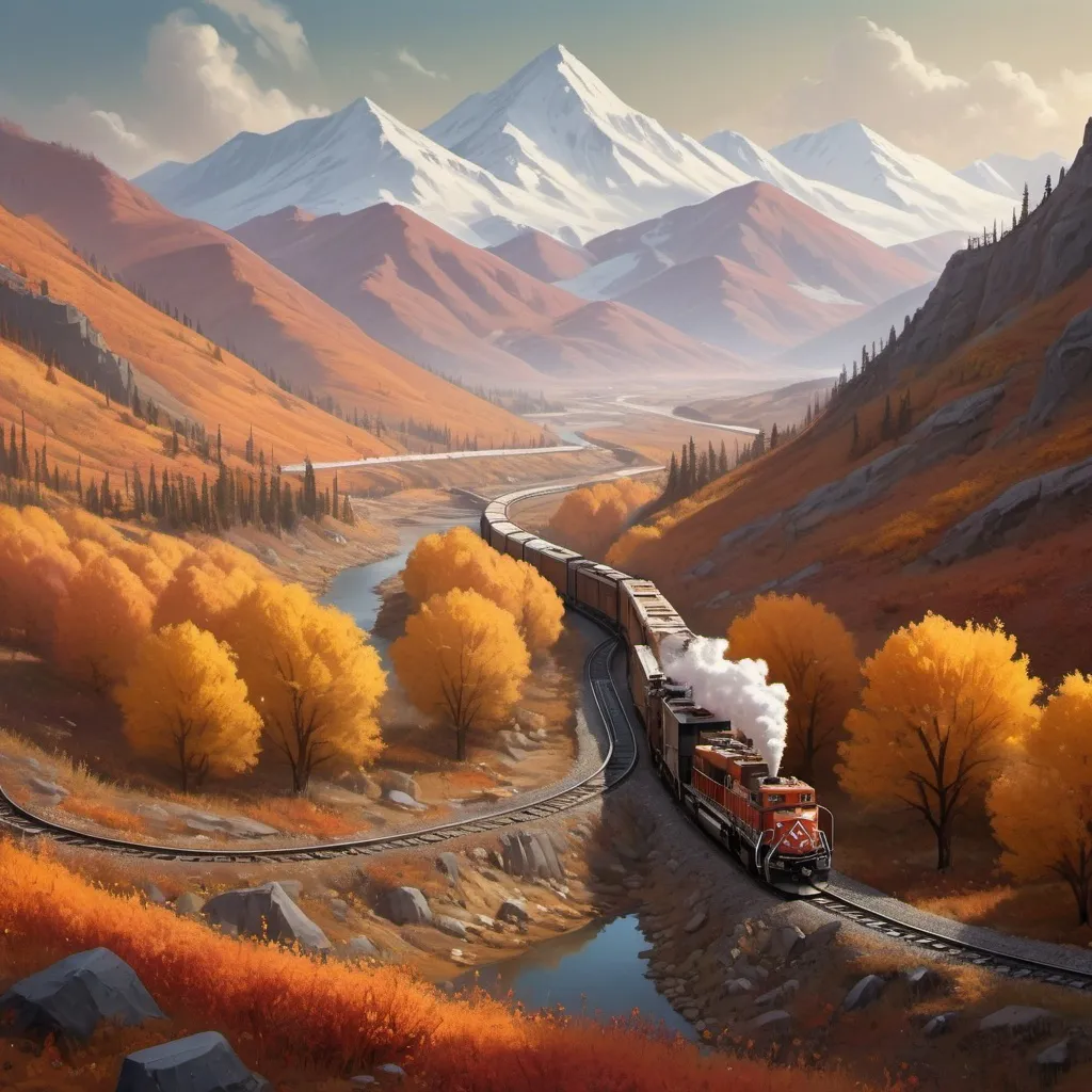 Prompt: intricate oil painting, sharp look, digital painting, autumn colored valley, sparse trees, with wildflowers, snow capped mountains, concept art, volumetric lighting, metallic reflections, heavy brush strokes, isometric, digital art, smog, pollution, toxic waste, chimneys and railroads, 3 d render, octane render, volumetrics, by greg rutkowski