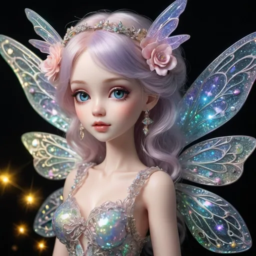 Prompt: <full portrait of subject - Kawaii themed - finely detailed ultra hyper realistic>
<ultra hyper realistic glass intricately detailed dress fantastically beautiful enchanted sparkles and glitter effect>
<ultra hyper realistic fairy with intricately detailed wings>
<ultra enhanced pastel color palette>
<ultra intricately detailed fairytale doll>
<firefly, fireflies, fairies, pixie, fey>
<ultra super glittery Glittering dazzling night sky>
<hyper realistic glittery effect with ultra defined holographic opal>
<highly detailed iridescent gleams of light - ultra highly detailed resolution>
<finely detailed ultra hyper realistic - ultra highly detailed resolution>