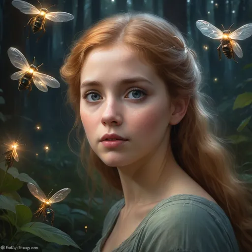 Prompt: Amy Adams staring into the camera, misty wisps, fireflies, Lilia Alvarado, Sophie Anderson, Mark Arian, Bob Byerley, Charlie Bowater, Mark Brooks, Steve Henderson, Justin Gerard, Arthur Hughes, Edward Robert Hughes, Mark Keathley, Victor Nizovtsev, Carlos Shwabe, Ross Tran, WLOP