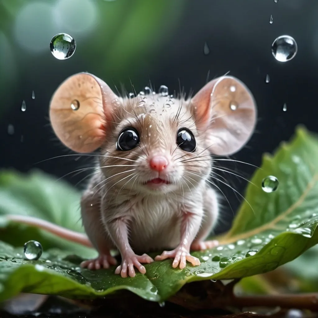 Prompt:  Photo of a tiny fluffy alien mouse, big eyes on wet leaves, falling raindrops, shot with a 90 mm camera, high resolution, photorealism