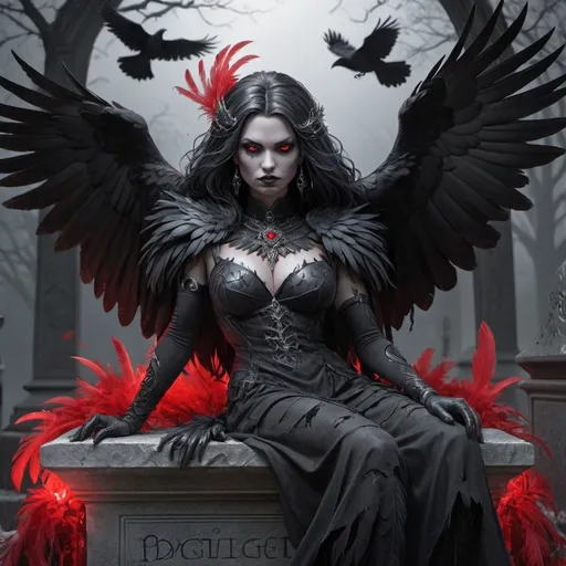 Prompt: Artgerm, blackandwhite, ravenqueen with raven sitting on an old decayed gravestone, facing the camera, red eyes, glowing feathers, intricate details, 8k, q2
