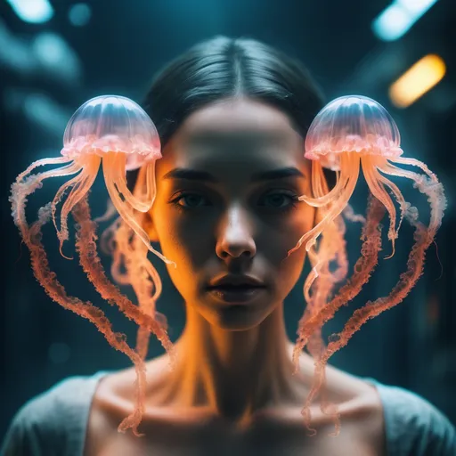 Prompt: Cute Creature. Fine art photography portrait anthropomorphic being (33% beautiful random woman, 33% smoke, 33% neon jellyfish made of smoke), 3d render, cgi, symetrical, raw, octane render, 35mm, bokeh, , hdr, intricate details, hyperdetailed, hyperrealism, soft light, dynamic pose, underwater