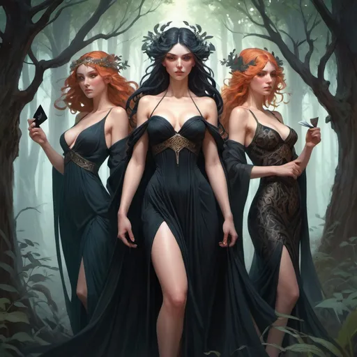 Prompt: playing card of the three fates, dark and ethereal, wild hairs, expressive poses, dark dress, fantasy, intricate, dark forest background, highly detailed, digital painting, artstation, concept art, smooth, sharp focus, illustration, art by artgerm and greg rutkowski and alphonse mucha