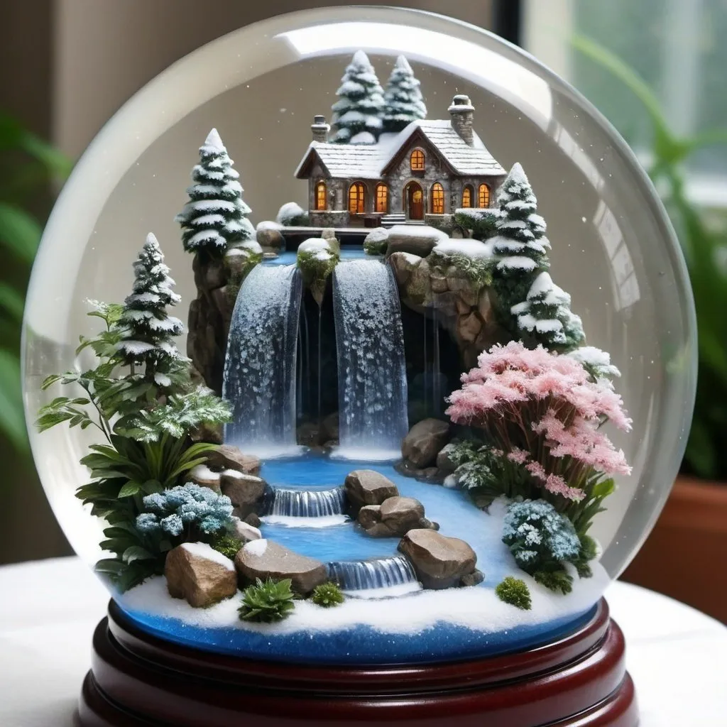 Prompt: gorgeous stunningly,beauiful, detailed waterfall garden in a beautiful crystal snow globe