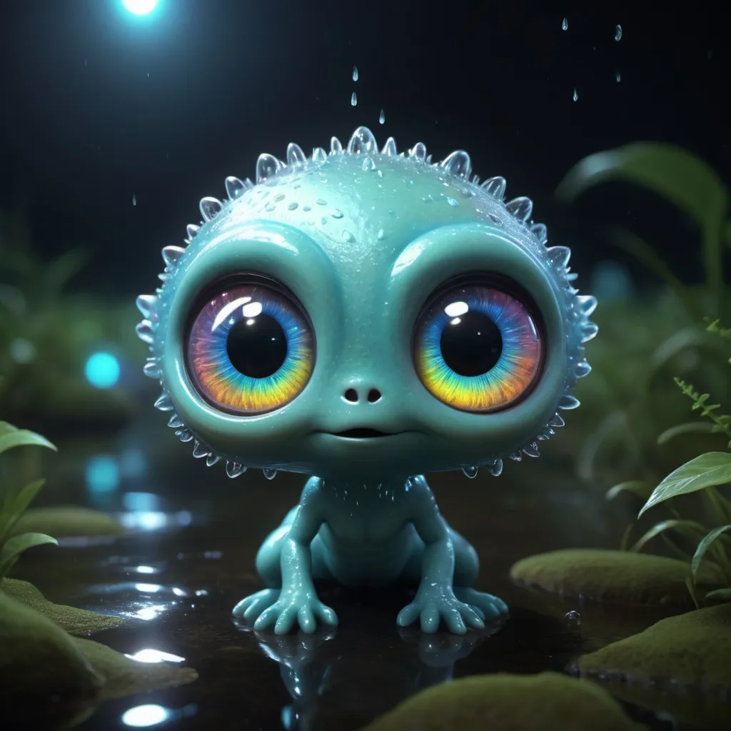 Prompt: Ultra detailed creature, cute and adorable, complex details, over one billion details, animated , highest possible resulution, hyper detailed glowing Aura around the creature, glowing detailed eyes, detailed effects, perfect shaders, hyper detailed eyes, hyper detailed, like a storybook, raytracing technology, volumetric particles, perfect pose, highly rainbow raindrops effects, abstract details, ultra realistic reflections, Bioluminescence, volumetric hairs, cute alien 