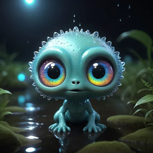 Prompt: Ultra detailed creature, cute and adorable, complex details, over one billion details, animated , highest possible resulution, hyper detailed glowing Aura around the creature, glowing detailed eyes, detailed effects, perfect shaders, hyper detailed eyes, hyper detailed, like a storybook, raytracing technology, volumetric particles, perfect pose, highly rainbow raindrops effects, abstract details, ultra realistic reflections, Bioluminescence, volumetric hairs, cute alien 