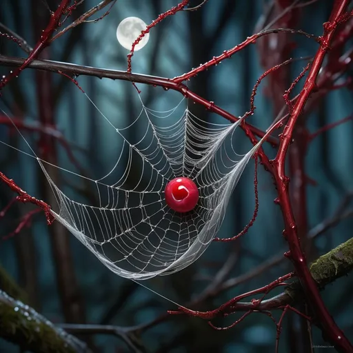 Prompt: A mesmerizing web of silk and blood, shimmering in the moonlight, delicately draped between the twisted branches of a dark and mysterious forest., Miki Asai Macro photography, close-up, hyper detailed, trending on artstation, sharp focus, studio photo, intricate details, highly detailed, by greg rutkowski