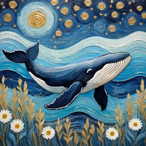 Prompt: Create a detailed and vibrant artistic painting in the style of the artist Van Gogh, portraying a whale at the center. The whale's skin is represented with variegated tones of deep blue and a gold tint that give it texture and depth. The backdrop is a blue gradient canvas adorned with white star-shaped flowers and pint-sized stars in gold, lending an enchanting feel to the painting. The overall composition should emphasize bright hues, tactile sensation, and meticulous detail, in line with the distinctive characteristics of Van Gogh's works.