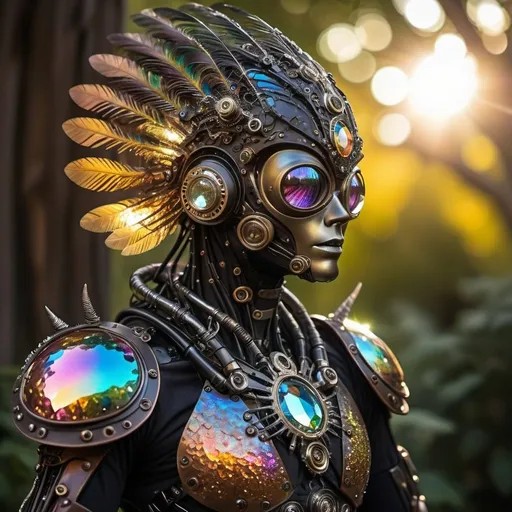 Prompt: Steampunk bio-engineered alien soldier with diamond-faceted appendages nestled in arboreal arms exuding luminescence, holographic body armor in motion, black orbs with pearlescent rainbow sheen, peacock feathers, and lead crystal spirals on ceramic armor, all basking in the amber glow of a setting sun with a vignette effect, Tridetic Color