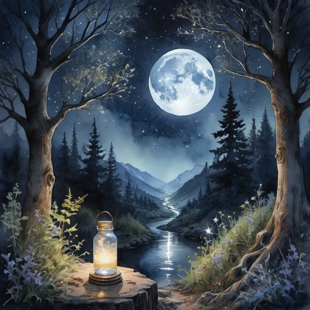 Prompt: spiritual healing in nature, night, stars, moonshine, magic, mystic, 
, Watercolor, trending on artstation, sharp focus, studio photo, intricate details, highly detailed, by greg rutkowski