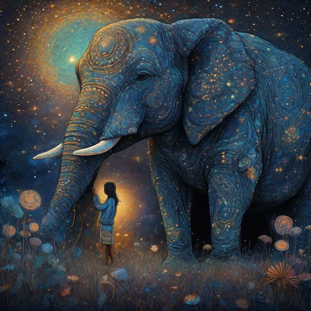 Prompt: The native american pretty girl wearing her starry clothes with her cute elephant friend. In style of james r eads,  Sam Toft, Anna dittmann, Justin Gaffrey, John Lowrie Morrison, Patty Maher, John Ruskin, Chris Friel, van Gogh. 3d, extremely detailed, intricate cinematic lighting, high definition 