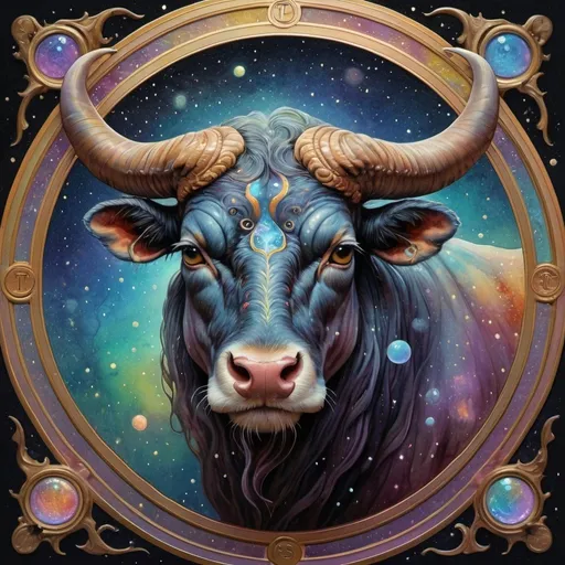 Prompt: 

Zodiac sign Taurus  . Astrology. Horoscope.
colorful ink flow. photorealistic iridescent, shimmering masterpiece. Detailed liquid gouache painting. very detailed, fairytale-like, magical realism. Concept art. mysterious. Art by Andrew Ferez & Ingrid Baars.Zodiac sign Taurus . Astrology. Horoscope.