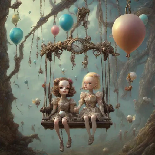 Prompt: dolls on a swing, fantasy surrealism melting clocks, Salvador Dalí and balloons dolls demons, My nightmares, hyper detailed, mark ryden, greg rutkowski, trending on artstation, ethereal, galactic, radiant, akihito yoshida, karol bak, mark brooks, eat brain cyborg on starship with alien and hyper detailed art fantasy art greg rutkowski artstation" hyperrealism, bob byerley""", global illumination, detailed, outer space, vanishing point, super highway, high speed, digital render, digital painting, beeple, noah bradley, cyril roland, ross tran, trending on artstation, ultra hd, realistic, vivid colors, highly detailed, UHD drawing, pen and ink, perfect composition, beautiful detailed intricate insanely detailed octane render trending on artstation, 8k artistic photography, photorealistic concept art, soft natural volumetric cinematic perfect light, trending on artstation, sharp focus, studio photo, intricate details, highly detailed, by greg rutkowski