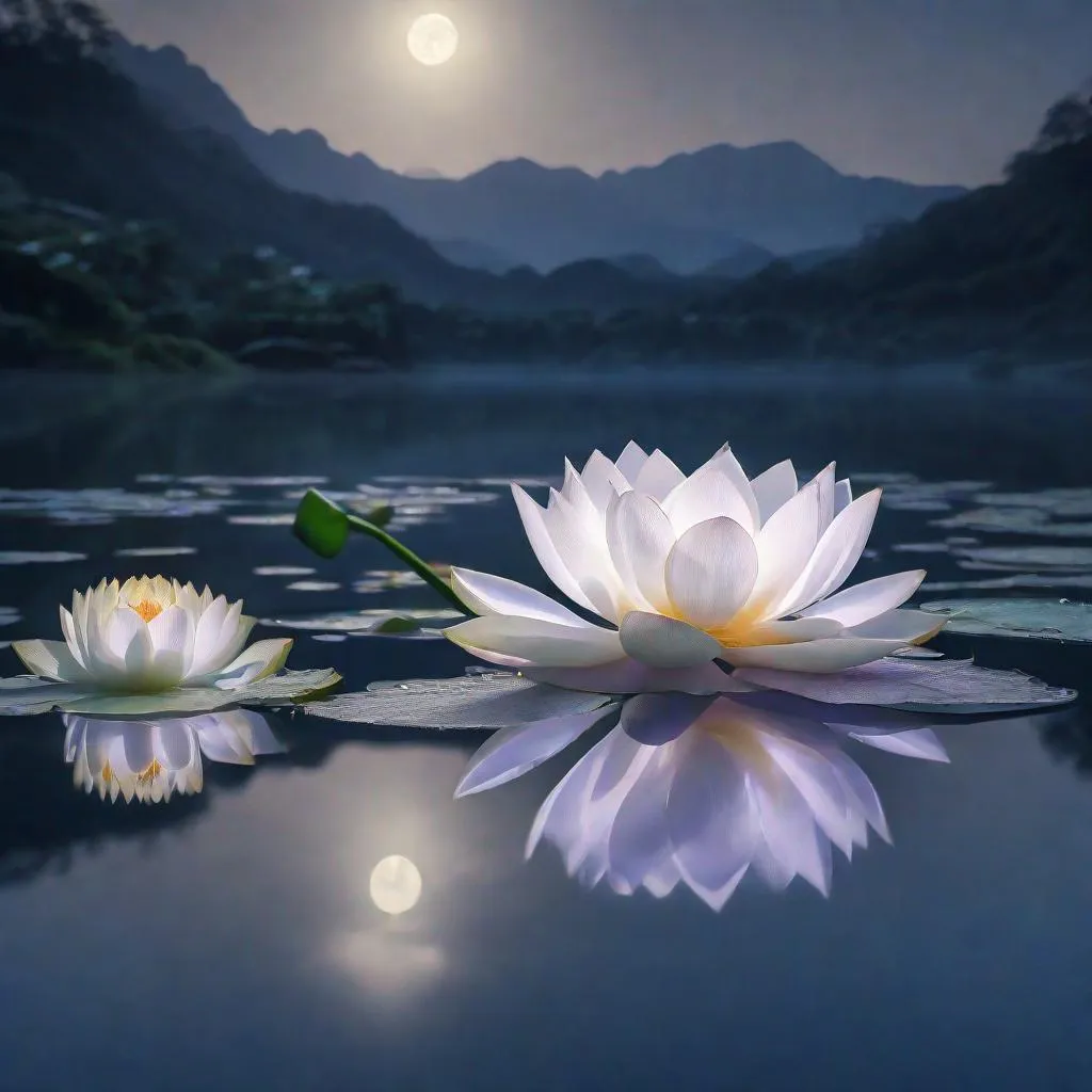 Prompt: A beautiful fluorescent white lotus floating on a clear lake on a moonlit night with a beautiful hilly view in the background , Miki Asai Macro photography, close-up, hyper detailed, trending on artstation, sharp focus, studio photo, intricate details, highly detailed, by greg rutkowski