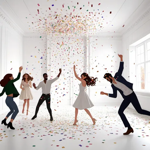 Prompt: Confetti falling on animated people that are dancing in a white empty room 