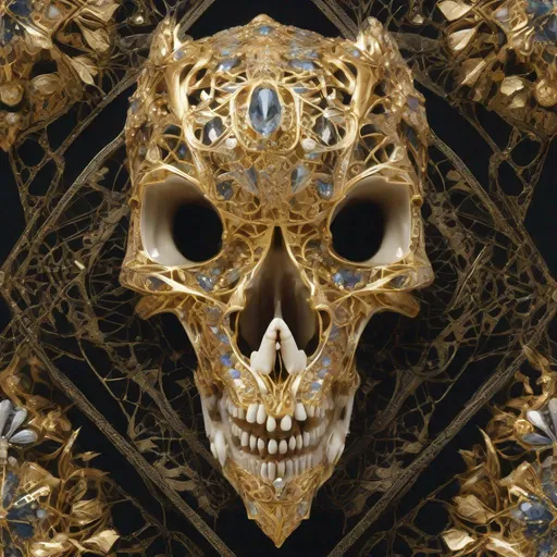 Prompt: featuring a surreal and opulent display of a rabbit skull adorned with countless gold and diamond embellishments. Envision intricate patterns of gold filigree intertwined with sparkling diamonds,  covering every curve and crevice of the skull. The eye sockets are filled with shimmering gemstones,  casting a mesmerizing glow from within. Surrounding the adorned skull,  visualize an aura of mystique and extravagance,  with cascading silk drapes and flickering candlelight adding to the surreal ambiance. This juxtaposition of the delicate and the macabre creates a captivating and visually striking portrayal of luxury and extravagance.", glitt3r, art_booster,