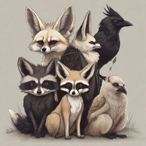 Prompt: fennec fox, raccoon and crow all sat together 