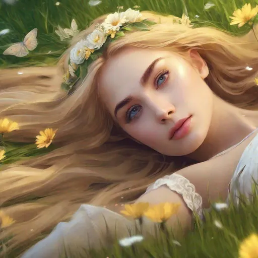 Prompt: and beautiful pretty art 4k full HD flower princess golden blonde hair beautiful pretty gorgeous face layin on grass art and beautiful pretty art