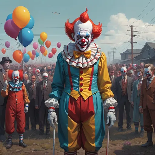 Prompt: Realistic scene populated by 144,000 colorful clowns standing shoulder to shoulder, professionally rendered conceptual art piece reminisce of collective works of Artgerm and Greg Rutkowski blended with vibes of Simon Stalenhag, Wayne Barlowe, and Igor Kieryluk's style, strikingly ominous, hypnotically absorbing, elaborate outlines, smooth texture, explicitly detailed digital painting