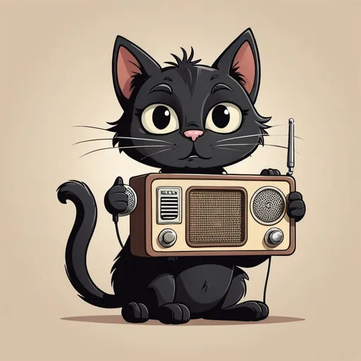 Prompt: black cartoon cat listening to the radio, old cartoon drawing style