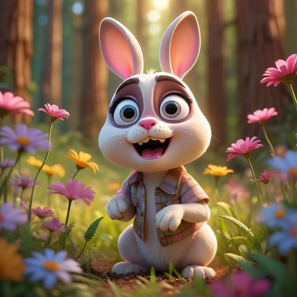 Prompt: Disney Pixar style Bad Bunny, highly detailed, intricate, big eyes, adorable, beautiful, soft dramatic lighting, light shafts, radiant, ultra high-quality octane render, daytime forest background, field of flowers,  bokeh, hypermaximalist