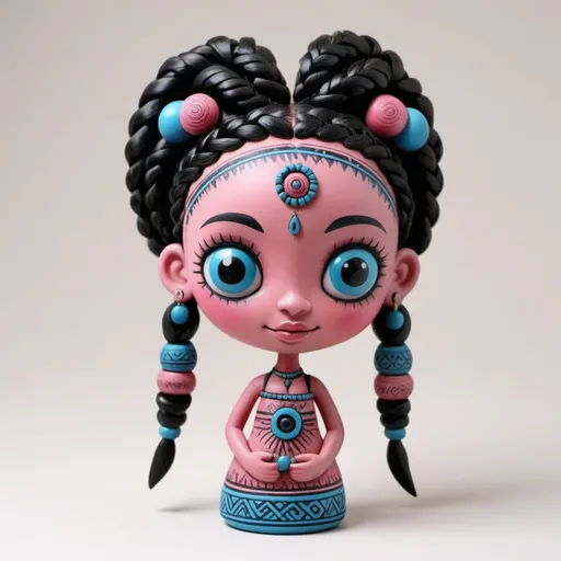 Prompt: Tribal Series,  Pink and blue happy figurine woman with black braided hair, big  sharp eyes, intricate details.