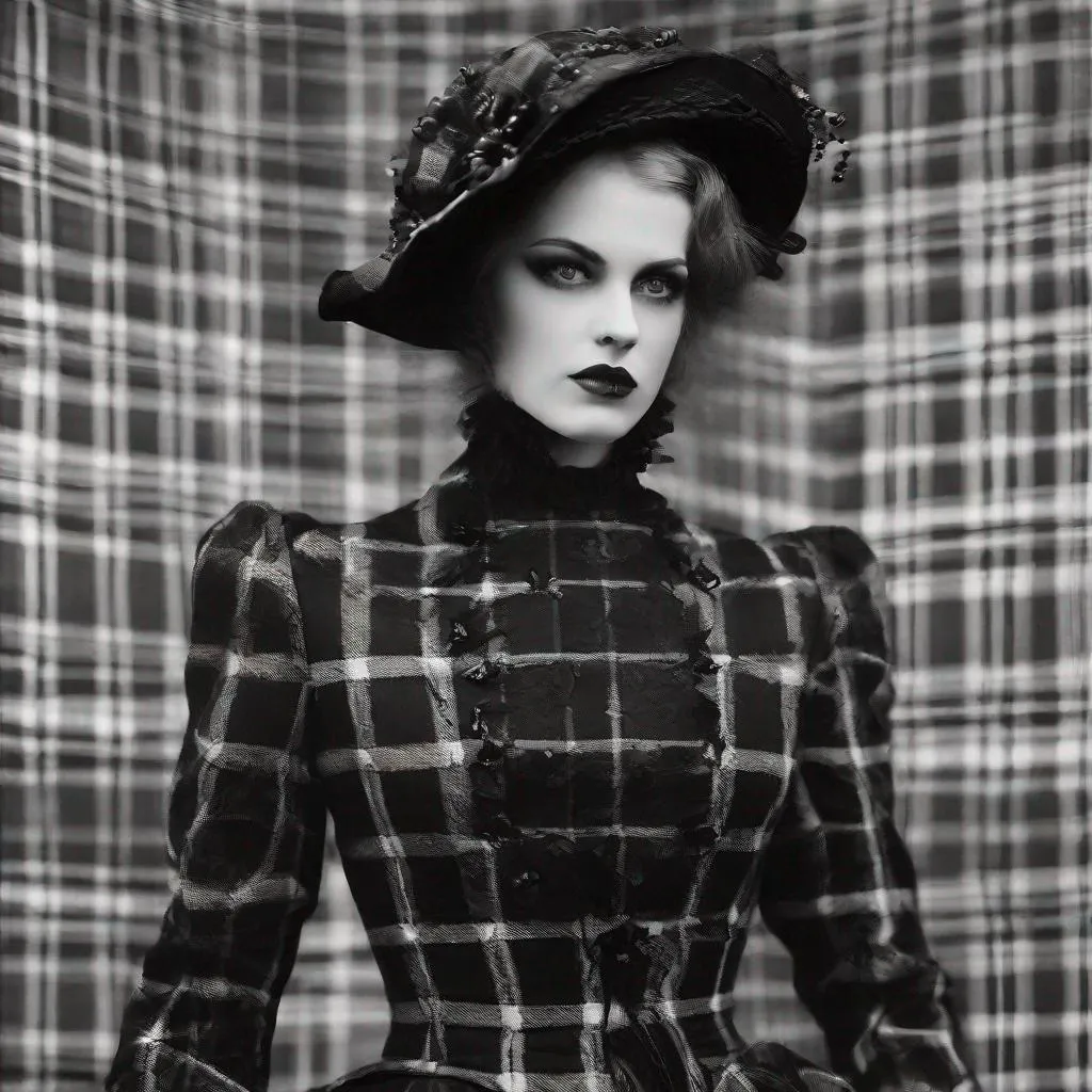 Prompt: photonegative refractograph beautiful gothic girl in tartan haute couture 