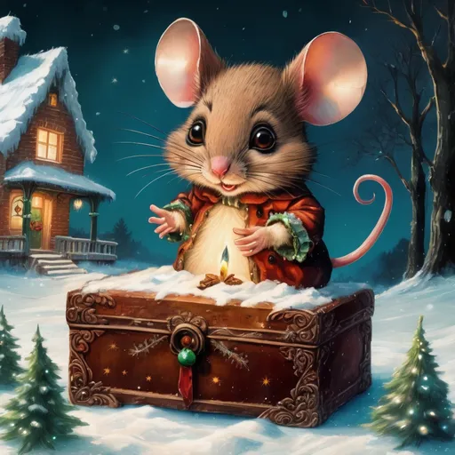 Prompt: art by Cheryl Griesbach and jasmine becket griffith, detailed painting, wide shot, cute christmas brown Diddl Mouse with big eyes, christmas trees in the snow with a cozy warm feel with a old rost christmas box chocolade, cookies,balls, boots on smile, digital art, Jean-Baptiste Monge style, bright, beautiful, splash, 
Glittering, cute and adorable, filigree, rim brown skin, greenery, 
intricately decorated. night, moon, table, candles. window, 
kitchen, tiny ghosts, tiny ghosts, Craola, Dan Mumford, Andy Kehoe, 2d, flat, cute, adorable, vintage, art on a cracked paper, 
fairytale, storybook detailed illustration, cinematic, ultra highly detailed, tiny details, beautiful details, mystical, luminism, vibrant colors, Mysteriou