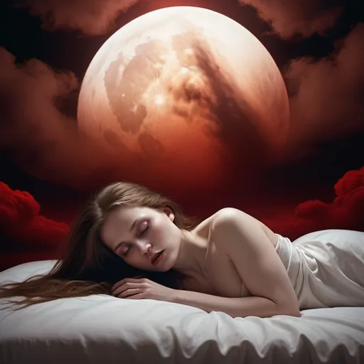 Prompt: Phantasm art, neo-surrealism, in the style of Petrina Hicks, glare of flame, white-skinned woman with long hair, lay on a white bed, background huge dark red moon in brown clouds, fog spreads, in the middle of a red-brown rocky desert, high resolution, high detail, soft lighting