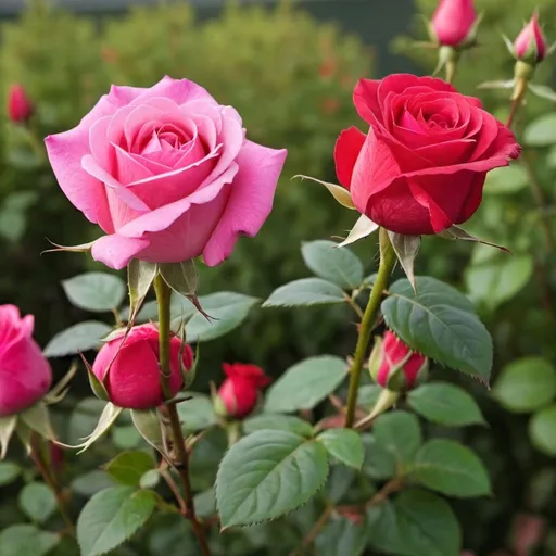 Prompt: only one red rosebud rose and only one pink blooming rose with flower garden background