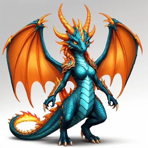 Prompt: Orange scaled Dragon monster girl with orange horns intense blue eyes a long tail with a flame on it dragon wings with dark teal membranes wearing armor